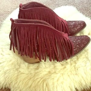 Burgundy Glitter Fringe Booties